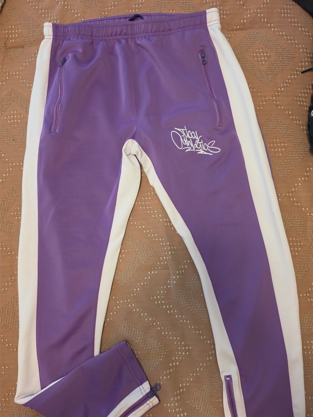 Tcal Purple and White Mens Joggers with Zip Ankles